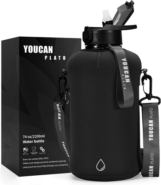 YOUCAN PLATO 74 Oz Half Gallon Water Bottle with Sleeve-Large Water Bottle -Big Gym Water Bottle for Man or Women with Straw- Gallon Water Jug with Handle -BPA Free- Leakproof, Workout Bottle,Black