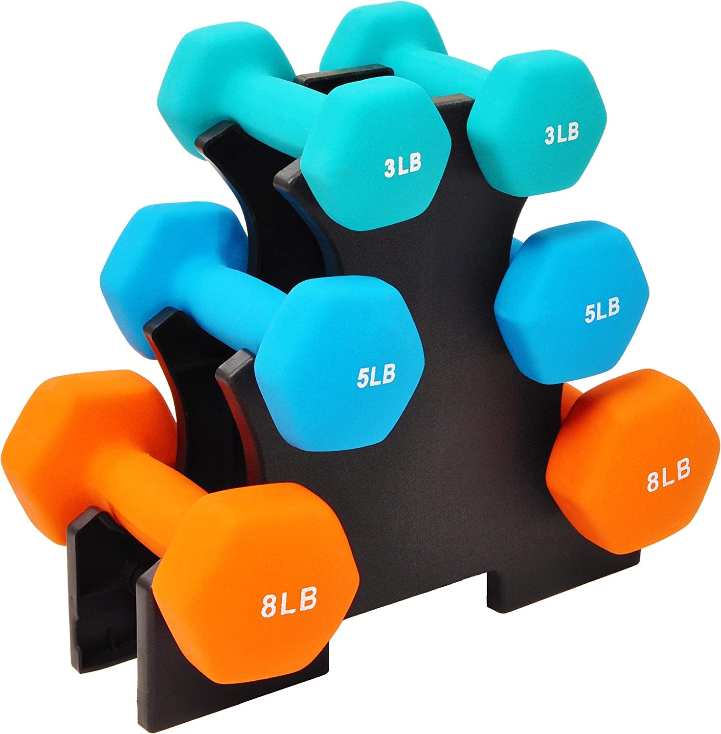 Neoprene Dumbbell Hand Weights, Anti-Slip, Anti-Roll, Hex Shape Colorful, Pair or Set with Stand