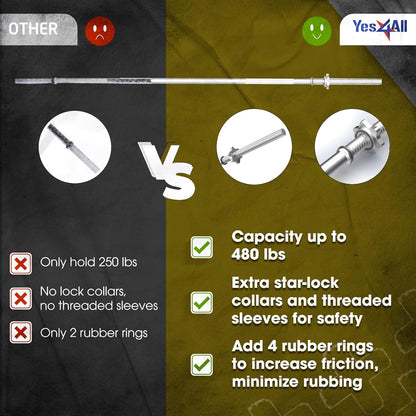 480LB Standard Straight Barbell 60" & EZ Curl Bar 47", Weight Bar 1" Diameter - Star Lock Collars & Rubber Ring for Deadlifts, Squats