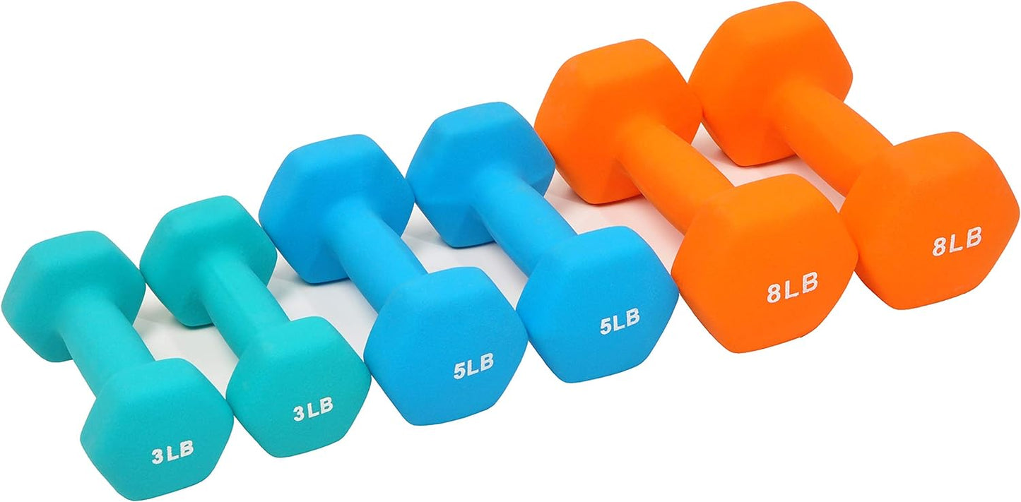 Neoprene Dumbbell Hand Weights, Anti-Slip, Anti-Roll, Hex Shape Colorful, Pair or Set with Stand