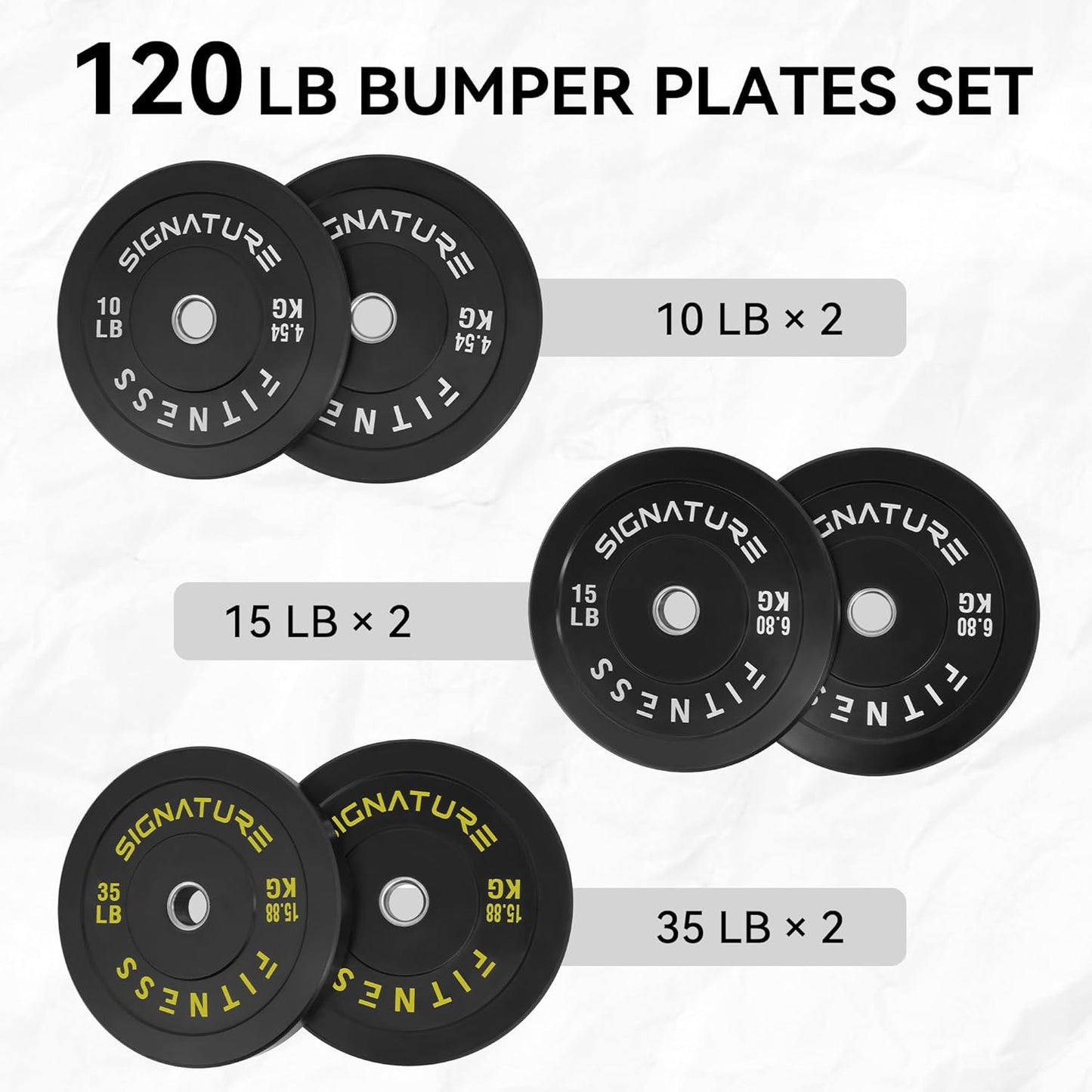 2" Olympic Bumper Plate Weight Plates with Steel Hub, 120-Pound Set, 2X 10LB, 2X 15LB, 2X 35LB