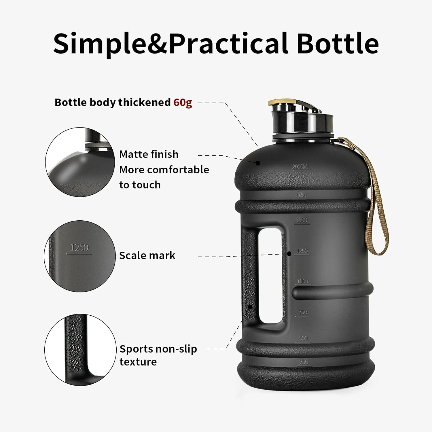 2 Liter Water Bottles - Half Gallon Water Bottle BPA Free - Ideal for Gym, Big Water Jug, Reusable Sports Bottle with Measurements Marked Drink Container (2.2L 74Oz Matte Black Water Jugs)