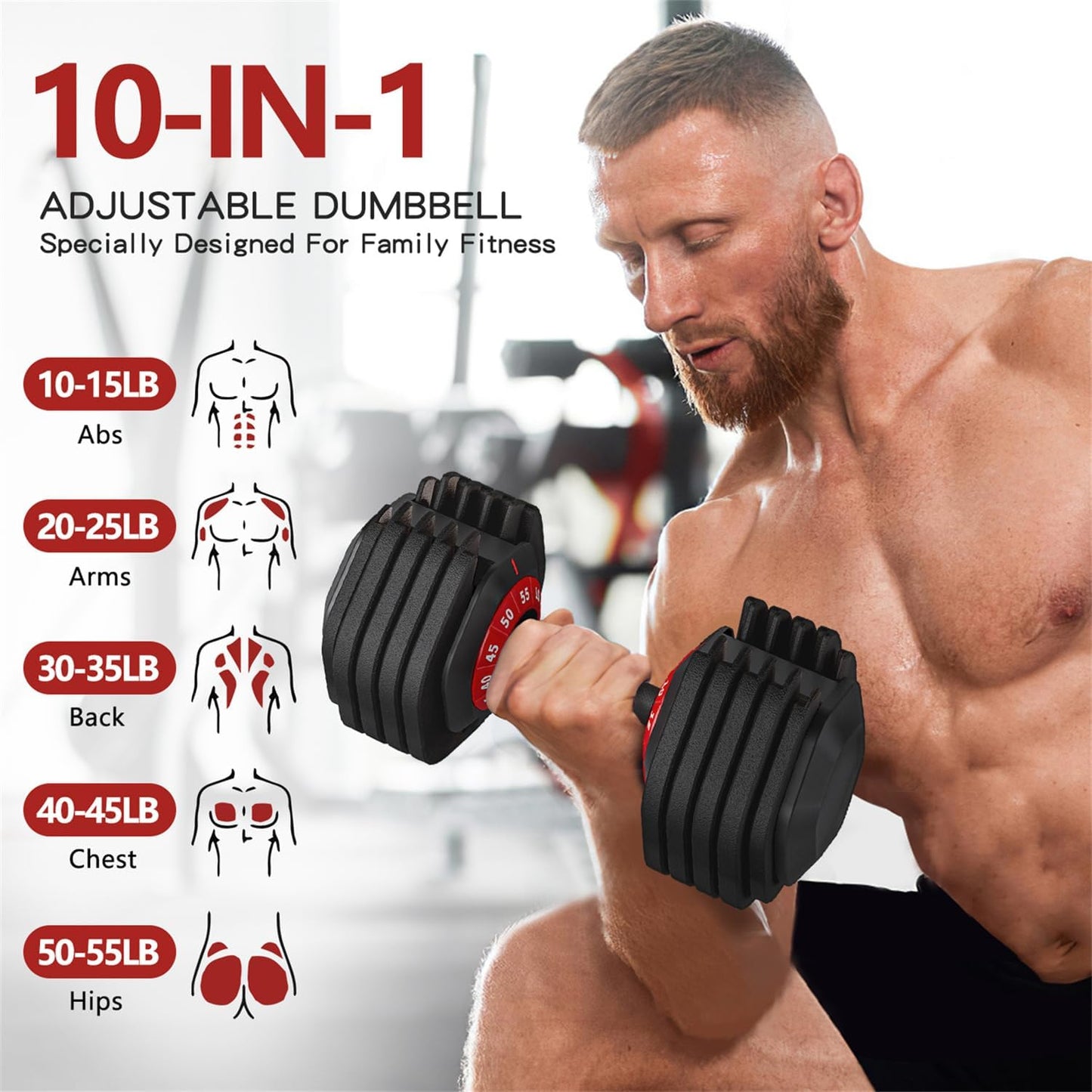 Adjustable Dumbbell 55LB Single Dumbbell 10 Weight Options, Anti-Slip Metal Handle, Ideal for Home Workout Equipment