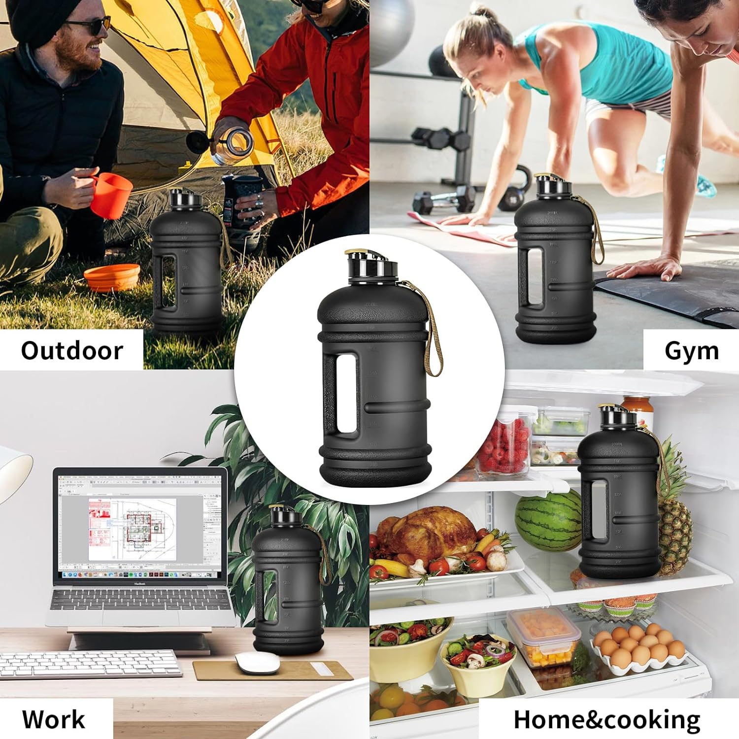 2 Liter Water Bottles - Half Gallon Water Bottle BPA Free - Ideal for Gym, Big Water Jug, Reusable Sports Bottle with Measurements Marked Drink Container (2.2L 74Oz Matte Black Water Jugs)